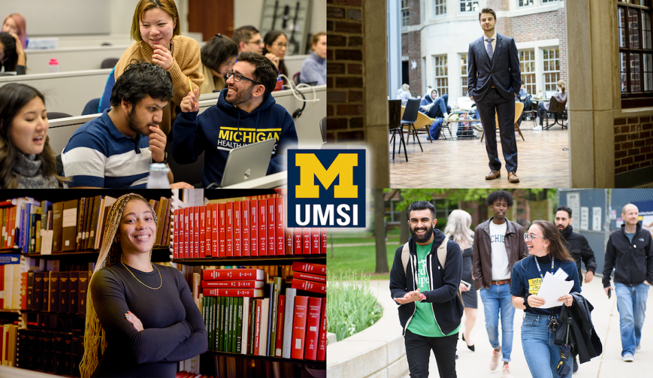A collage of four photos showing UMSI students in the classroom and on campus