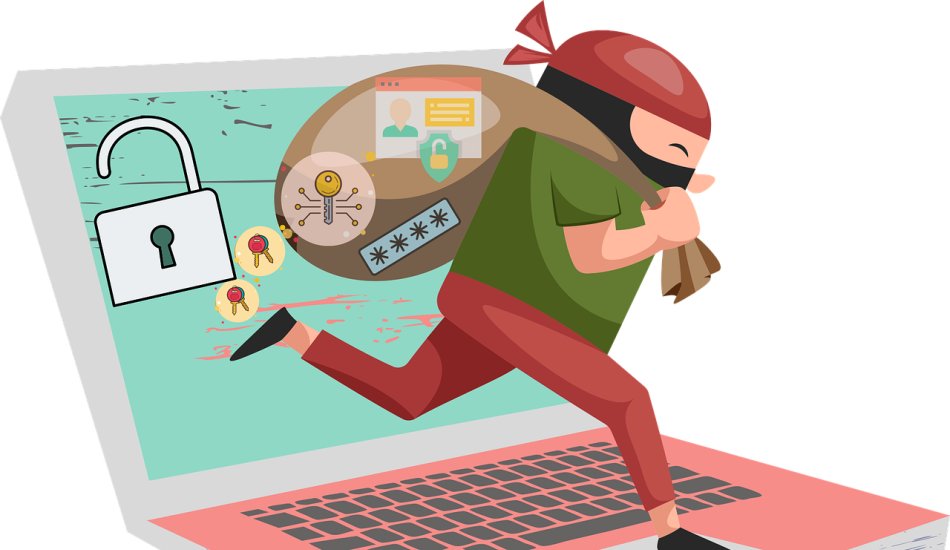 Cartoon robber running across a laptop with a bag full of passwords and personal information. 