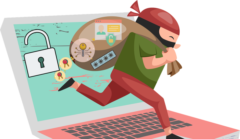 Cartoon robber running across a laptop with a bag full of passwords and personal information.