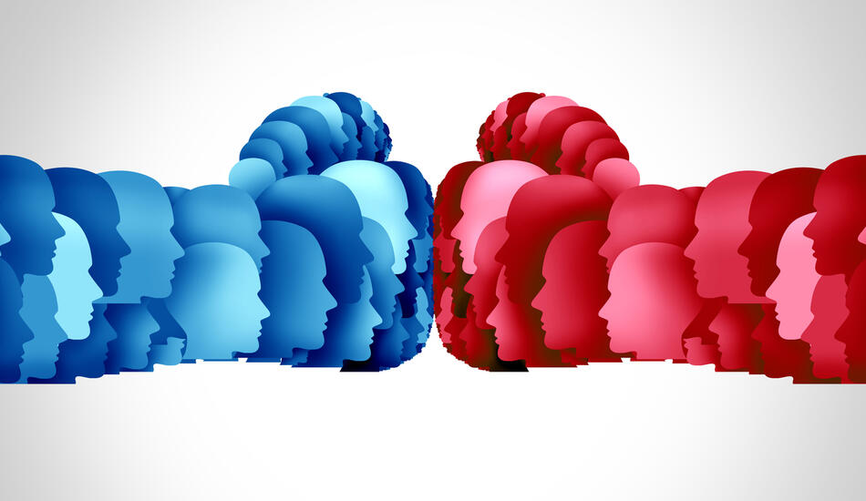 Cartoon drawing of two fists colliding. The fists are a compilation of many silhouetted faces overlapping to make the shape of the fists and arms.