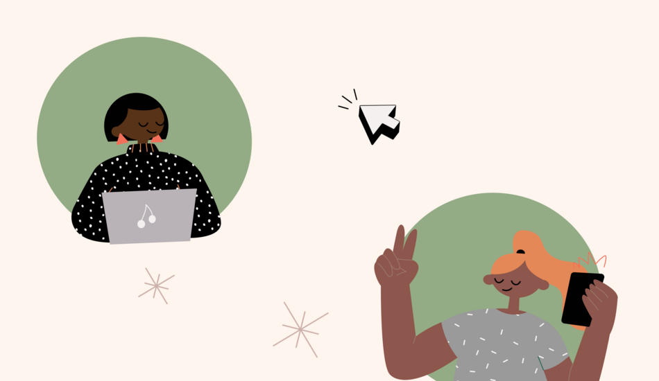 Cartoon of two people interacting with a website via a laptop and smart phone.