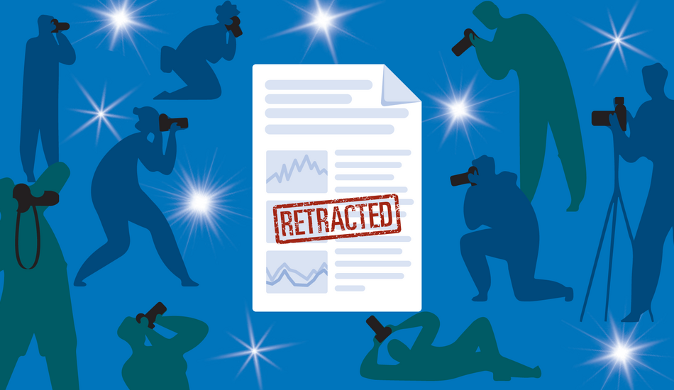 Cartoon paparazzi taking photos of a scientific paper with a red "RETRACTED" stamp on it.