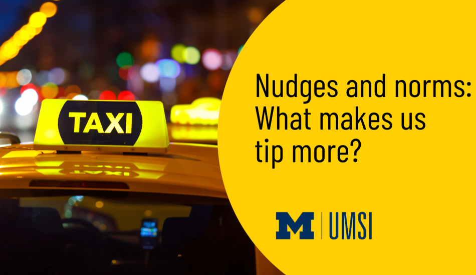 "Nudges and norms: What makes us tip more?" Picture of a taxi cab top light, background has sparkling lights of a city.