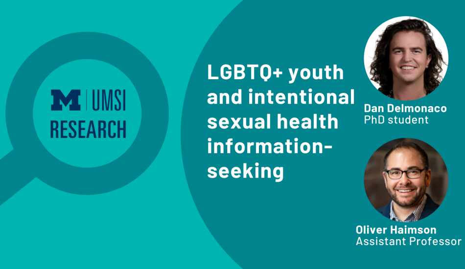 Magnifying glass graphic. "LGBTQ+ youth and intentional sexual health information-seeking." Headshot of Dan Delmonaco, PhD student, Oliver Haimson, Assistant professor.