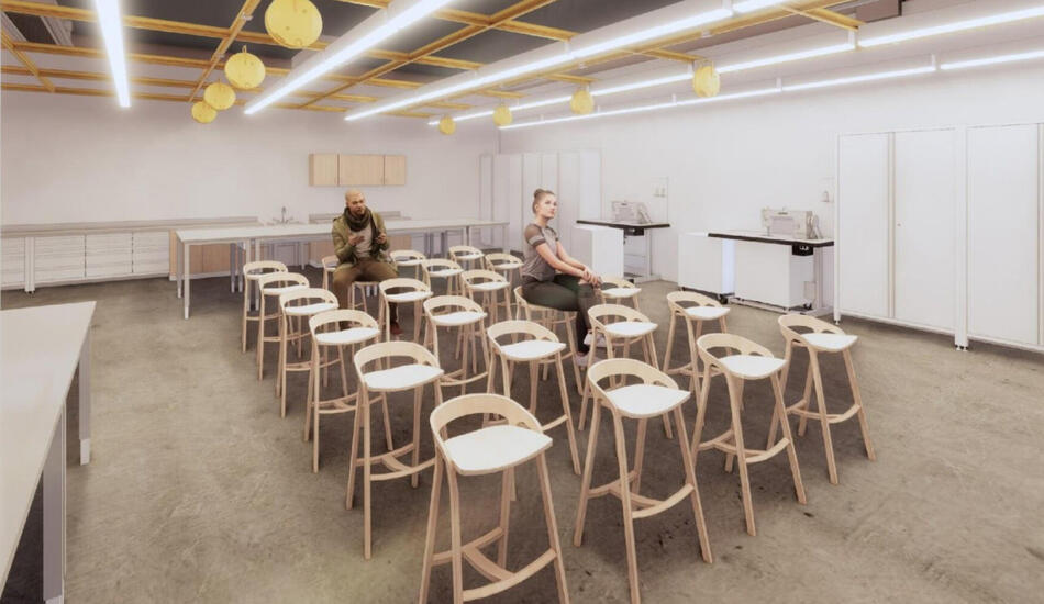 Dozens of modern tall chairs are aligned in a room with flexible furniture and sleek lighting lined across the ceiling, two people sit in the middle