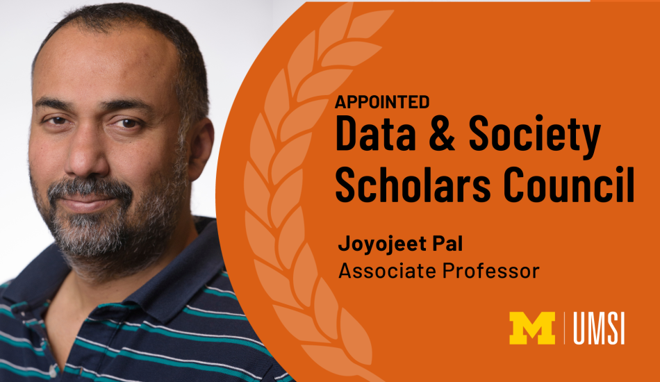 "Appointed: Data & Society Scholars Council, Joyojeet Pal, Associate professor," in a laurel wreath. Headshot of Joyojeet Pal.