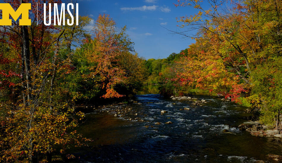 Zoom background featuring scene of Delhi Rapids surrounded by fall foliage, with Block M and UMSI in upper left corner.