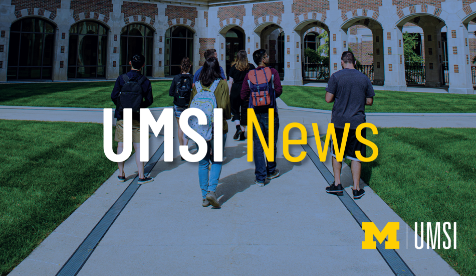 "UMSI News." A photo of seven students walking on campus. 