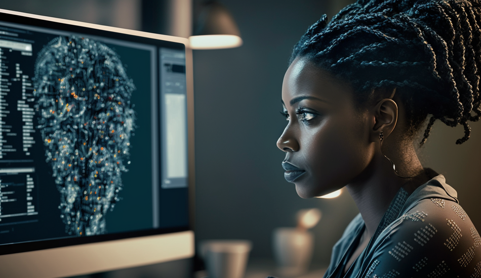 A woman sits at a computer looking at a scatter plot diagram.
