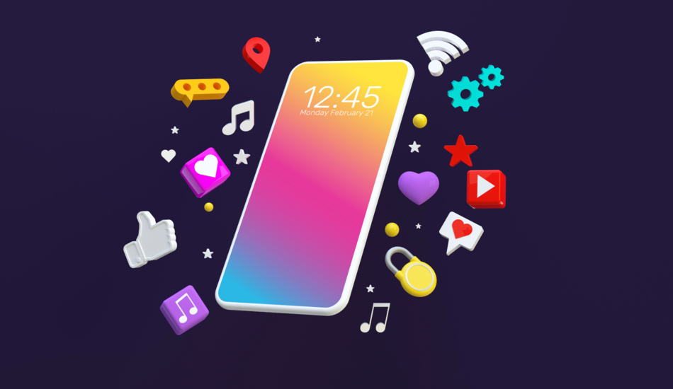 A colorful phone with emojis and social media icons scattered around it.