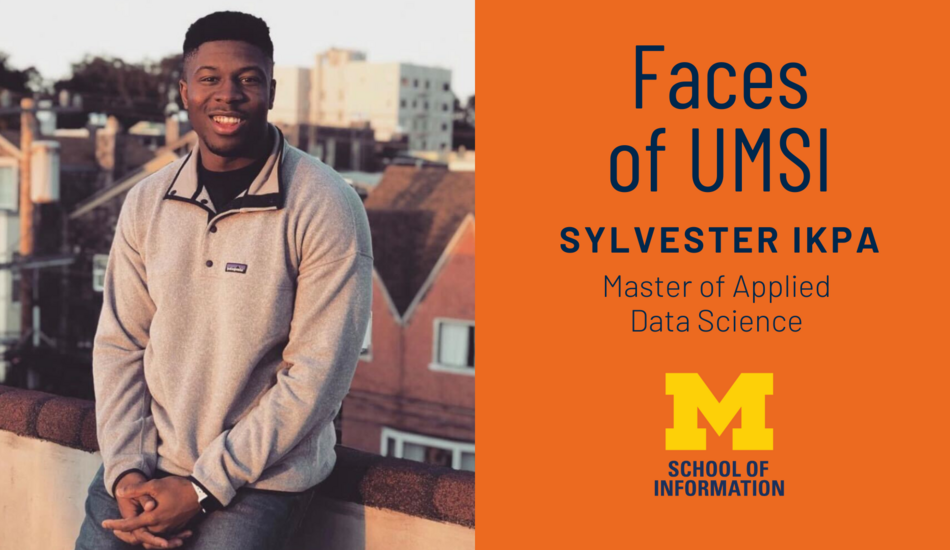 Faces of UMSI: Sylvester Ikpa, Master of Applied Data Science. Sylvester Ikpa sitting on a roof. Other buildings and trees are in the background.