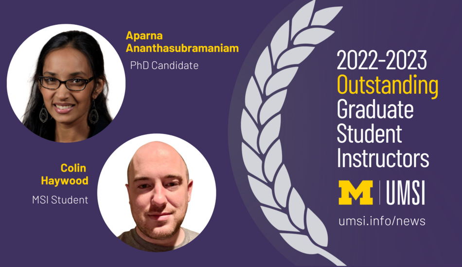 Photos of Aparna and Colin appear with a laurel graphic and the text "2022-2023 Outstanding Graduate Student Instructors"