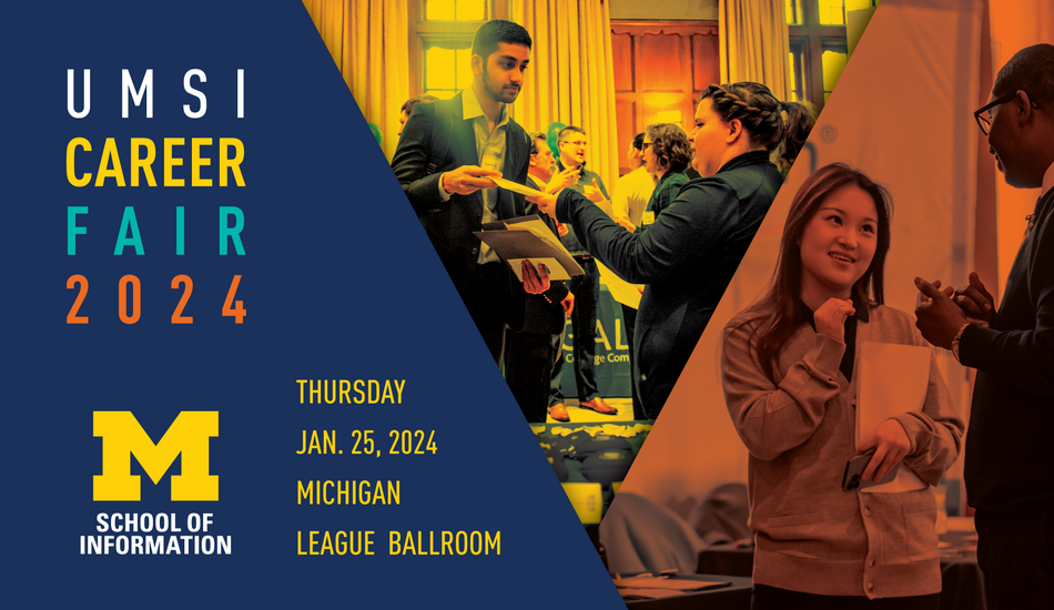 UMSI Career Fair 2024. Thursday, Jan. 25, 2024. Michigan League Ballroom. Photos of students and employers networking