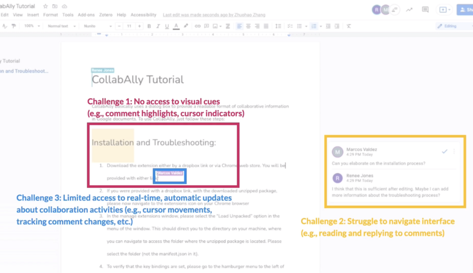 An annotated Google Doc showing 3 visual accessibility challenges. 1. No access to visual cues (e.g. comment highlights, cursor indicators) 2. Struggle to navigate interface (e.g. reading and replying to comments) 3. Limited access to real-time, automatic updates about collaboration activities (e.g. cursor movements, tracking comment changes, etc.)