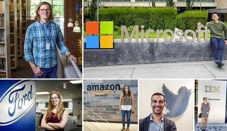 A photo collage of 6 students. One is in a library, the rest are standing next to logos for Microsoft, Ford, Amazon, Twitter and IBM.