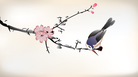 A bird sitting on the branch of a cherry tree next to a cherry blossom