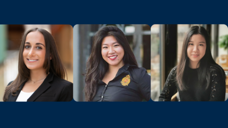 Graphic featuring the headshots of three Design Clinic Students