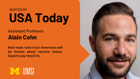 Graphic of a speech bubble  and Alain Cohn's headshot