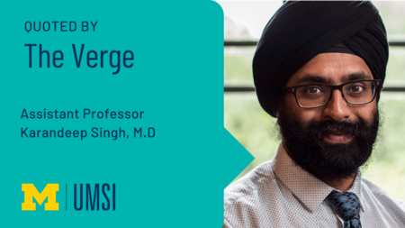Headshot of Karandeep Singh placed next to graphic of a speech bubble