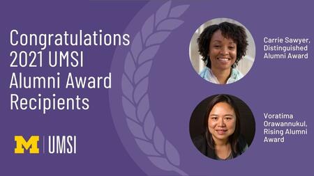 A graphic congratulating Carrie Sawyer and Voratima Orawannukul on their awards