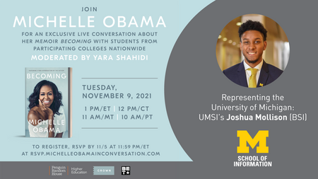 UMSI student Joshua Mollison will be part of an online conversation with former first lady Michelle Obama on November 9