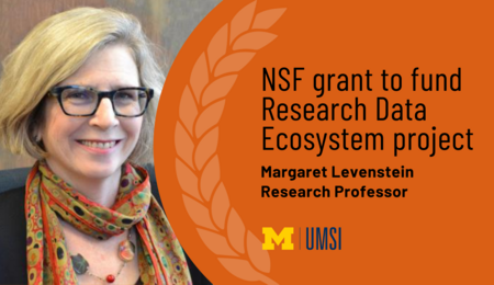 Headshot of Margaret Levenstein. “NSF grant to fund Research Data Ecosystem project. Margaret Levenstein. Research Professor.” UMSI logo.