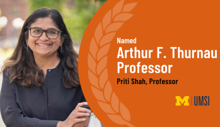 Headshot of Priti Shah. "Named, Arthur F. Thurnau Professor, Priti Shah, Professor" UMSI logo.