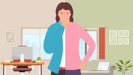 Cartoon of person looking thoughtful while standing between working at home and working in an office. 