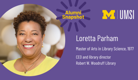 Loretta wearing a yellow shirt and smiling. "Loretta Parham, Master of Arts in Library Science, 1977. CEO and library director, Robert W. Woodruff Library."