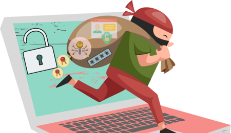 Cartoon robber running across a laptop with a bag full of passwords and personal information.