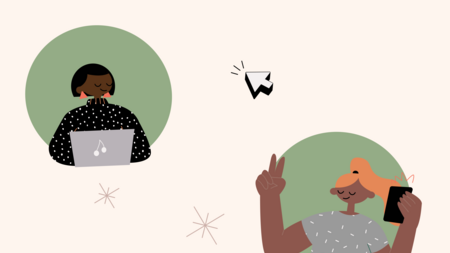 Cartoon of two people interacting with a website via a laptop and smart phone. 