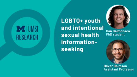 Magnifying glass graphic. "LGBTQ+ youth and intentional sexual health information-seeking." Headshot of Dan Delmonaco, PhD student, Oliver Haimson, Assistant professor.
