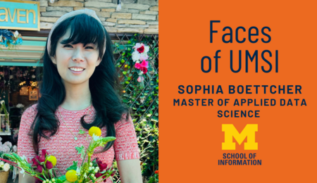 Faces of UMSI Sophia Boettcher, Master of Applied Data Science. Sophia holding a bouquet of flowers outside of a store.