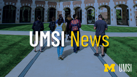 "UMSI News." A photo of seven students walking on campus. 