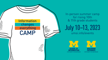 “Information Changes Everything Camp. In-person summer camp for rising 10th & 11th grade students. July 10-13, 2023. umsi.info/events.” School of Information and Wolverine Pathways logos. Graphic of a T-shirt with “Information changes everything camp” design on front.