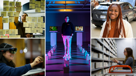 A photo collage: a person putting sticky notes on a wall, a person using a VR headset, a person standing in a museum exhibit, a person smiling in front of an SUV, and a person shelving boxes in an archive.