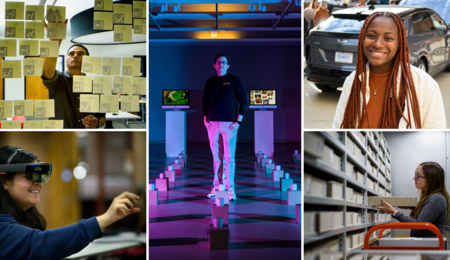A photo collage: a person putting sticky notes on a wall, a person using a VR headset, a person standing in a museum exhibit, a person smiling in front of an SUV, and a person shelving boxes in an archive.