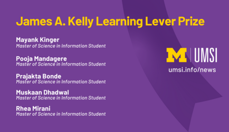 “James A. Kelly Learning Lever Prize. Mayank Kinger. Master of Science in Information Student. Pooja Mandagere. Master of Science in Information Student. Prajakta Bonde. Master of Science in Information Student. Muskaan Dhadwal. Master of Science in Information Student. Rhea Mirani. Master of Science in Information Student. UMSI.”