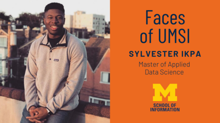 Faces of UMSI: Sylvester Ikpa, Master of Applied Data Science. Sylvester Ikpa sitting on a roof. Other buildings and trees are in the background.