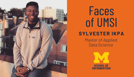 Faces of UMSI: Sylvester Ikpa, Master of Applied Data Science. Sylvester Ikpa sitting on a roof. Other buildings and trees are in the background.