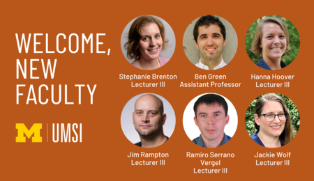 Welcome, New Faculty. Stephanie Brenton, Lecturer III. Ben Green, assistant professor. Hanna Hoover, Lecturer III, Jim Rampton, Lecturer III, Ramiro Serrano Vergel, Lecturer III, Jackie Wolf, Lecturer III.