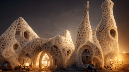 A digital illustration of a building made of white material with fractal designs carved into every surface. The building has multiple towers that are irregular shapes. It is evening and the building is lit from within.