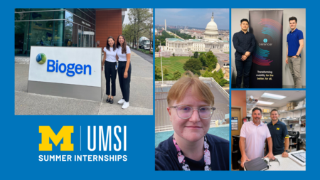 A grid of four photos — one from each featured internship — with the UMSI logo and the text "summer internships" in the lower left corner