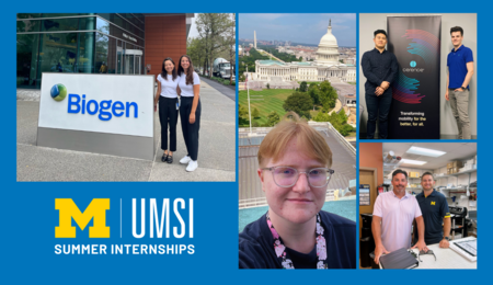 A grid of four photos — one from each featured internship — with the UMSI logo and the text "summer internships" in the lower left corner