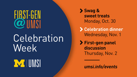 First-Gen @ UMSI Celebration Week, UMSI logo, swag & sweet treats, Monday Oct. 30, Celebration dinner (highlighted), Wednesday, Nov. 1, First-gen panel discussion, Thursday, Nov. 2, umsi.info/events