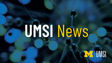 UMSI News. A blue and green background. 
