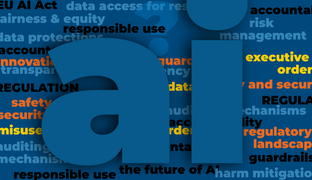 Giant "ai" in blue with background phrases reading "fairness and equity," "privacy and security," "regulatory landscape," "harm mitigation," "safety and security" in yellow, orange, and blue. 