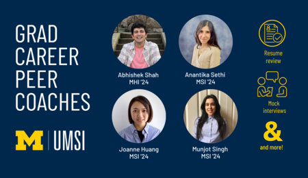 A graphic with the text "Grad Career Peer Coaches" and the UMSI logo, alongside headshots of Abhishek Shah, Anantika Sethi, Joanne Huang and Munjot Singh. Icons appear with the text "Resume review, mock interviews and more!"