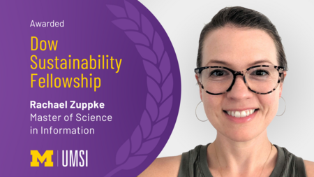 A graphic with a photo of Rachael Zuppke and the text "Awarded: Dow Sustainability Fellowship: Rachael Zuppke: Master of Science in Information," above the UMSI logo 