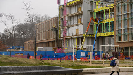 Construction site of Leinweber Computer Science and Information Building with exterior in progress.